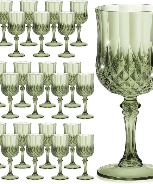 24PCS 7OZ Green Wine Plastic Glasses, Drinking Champagne Glasses Flutes Crystal Vintage Water Unbreakable Goblets for Wedding, Parties