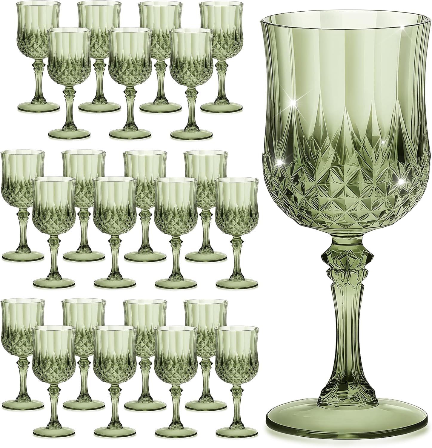 24PCS 7OZ Green Wine Plastic Glasses, Drinking Champagne Glasses Flutes Crystal Vintage Water Unbreakable Goblets for Wedding, Parties