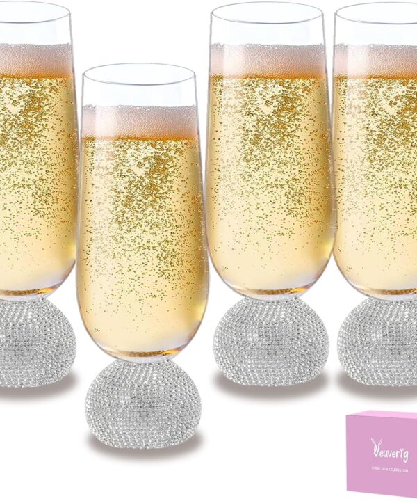 Champagne Flutes set of 4,Stemless Wedding Champagne Glasses,Unbreakable Crystal Fancy Mimosa Glasses,10 Oz Short Handle Champagne Flutes,for Engagement,Bachelorette Party,Birthday(Silver Clear)