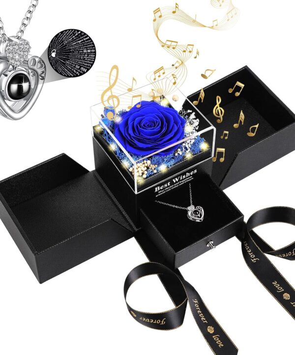 Gifts for Her - Preserved Real Rose with Necklace "I Love You" in 100 Languages, Music & Light Eternal Rose Gifts for Women, Grandma, Wife, Girlfriend on Birthday, Anniversary, Thanksgiving, Christmas