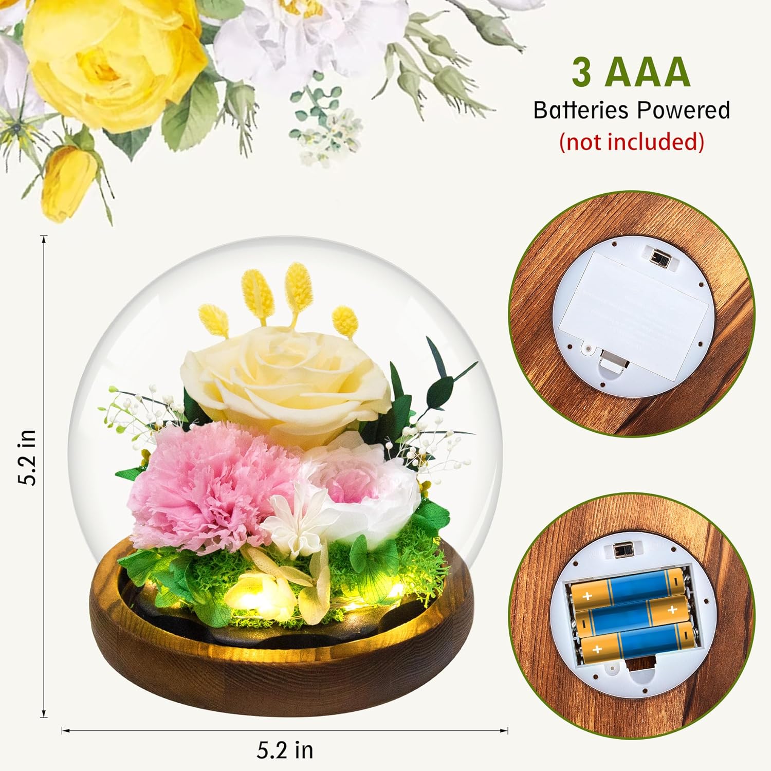 Yellow Rose Gifts for Womens for Mom Wife Girlfriend Mom – Preserved Real Rose in Glass Dome with LED Strip, Forever Flowers for Delivery on Birthday Anniversary