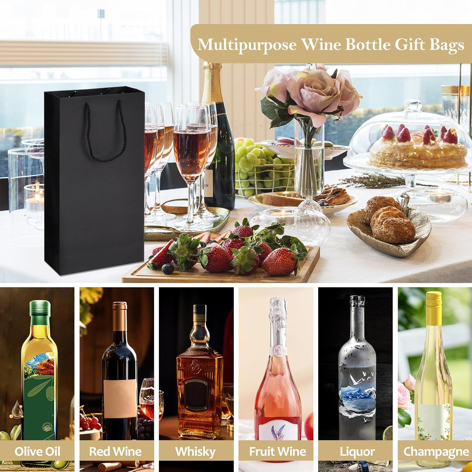 12 Pack 2 Bottles Wine Carrier Tote Holders, Black Paper Wine Champagne Gift Bottle Carrying Bags with Handles for Christmas Business Wedding Baby Shower