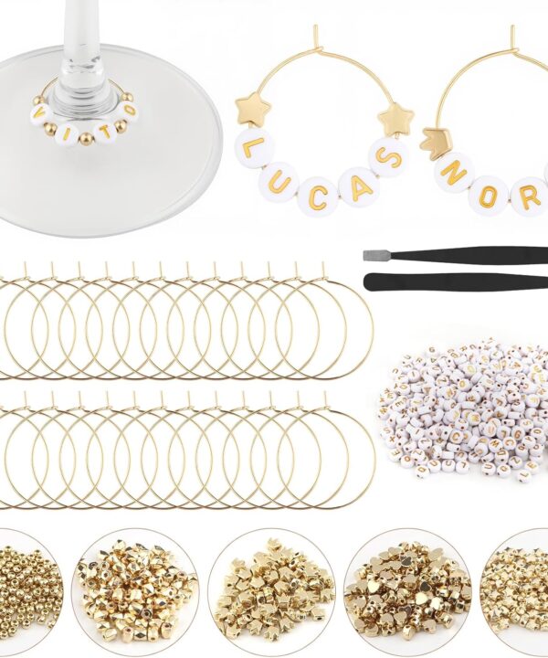 60 Set DIY Wine Glass Charms, 1040 Letter Beads 300 Gold Bead Charms 60 Rings for Stem Glasses, Personalized Wine Glass Markers Tags for Wedding Party Decorations (White)
