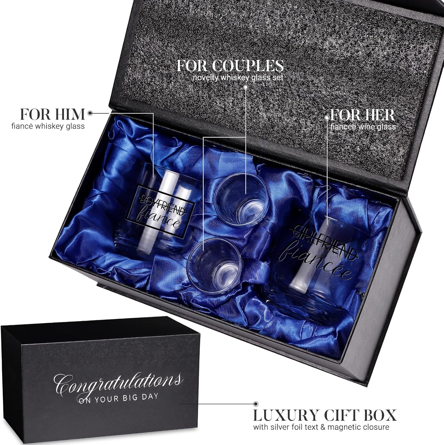 comfit Fianc Engagement Gifts for Couples – Stemless Engagement Wine & Whiskey Glasses for Newly Engaged Couples, Mr and Mrs, Wedding Planning Wine Bag