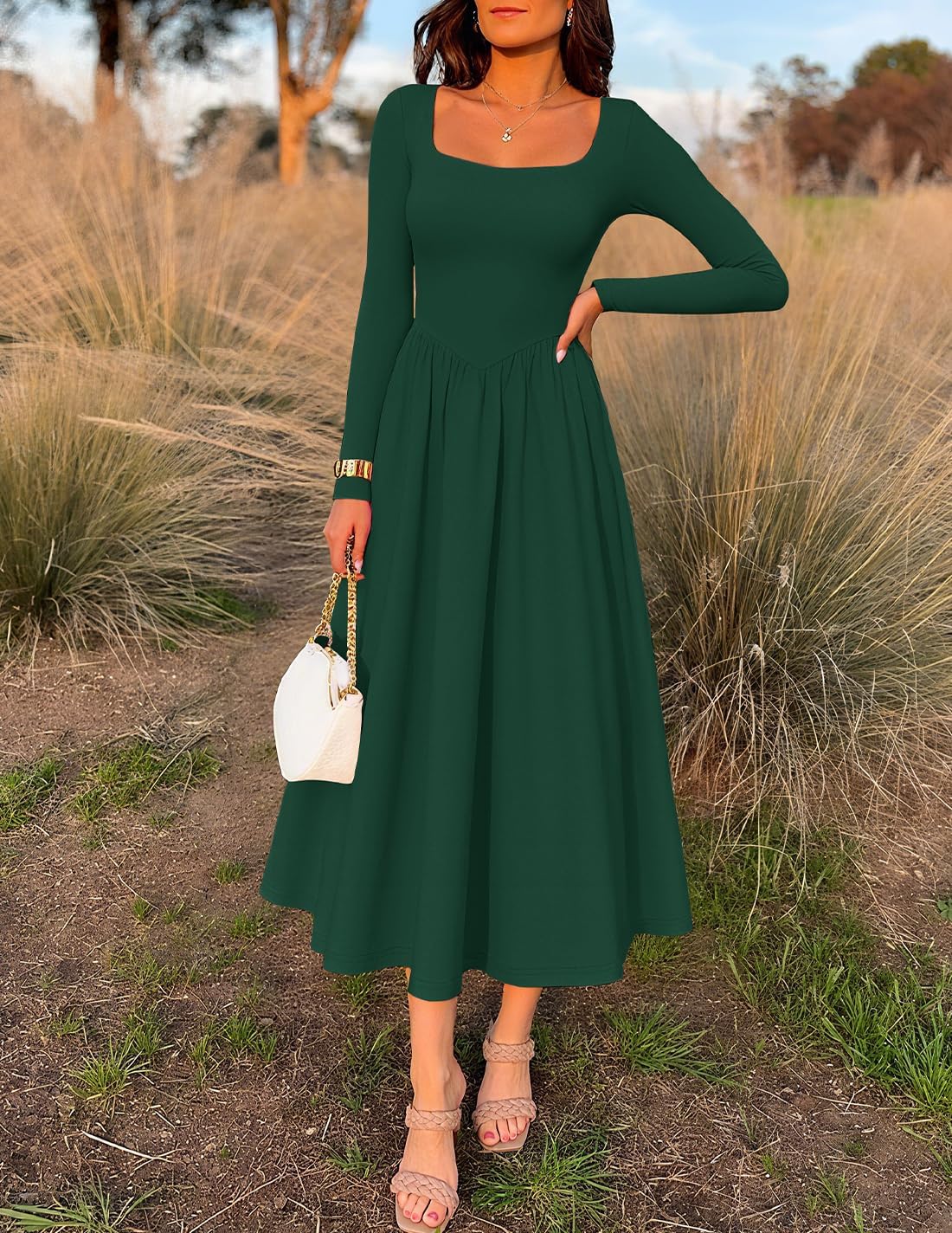 ZESICA Fall Dresses for Women 2025 Elegant Classy Square Neck Long Sleeve Flowy Wedding Guest Party Midi Dress