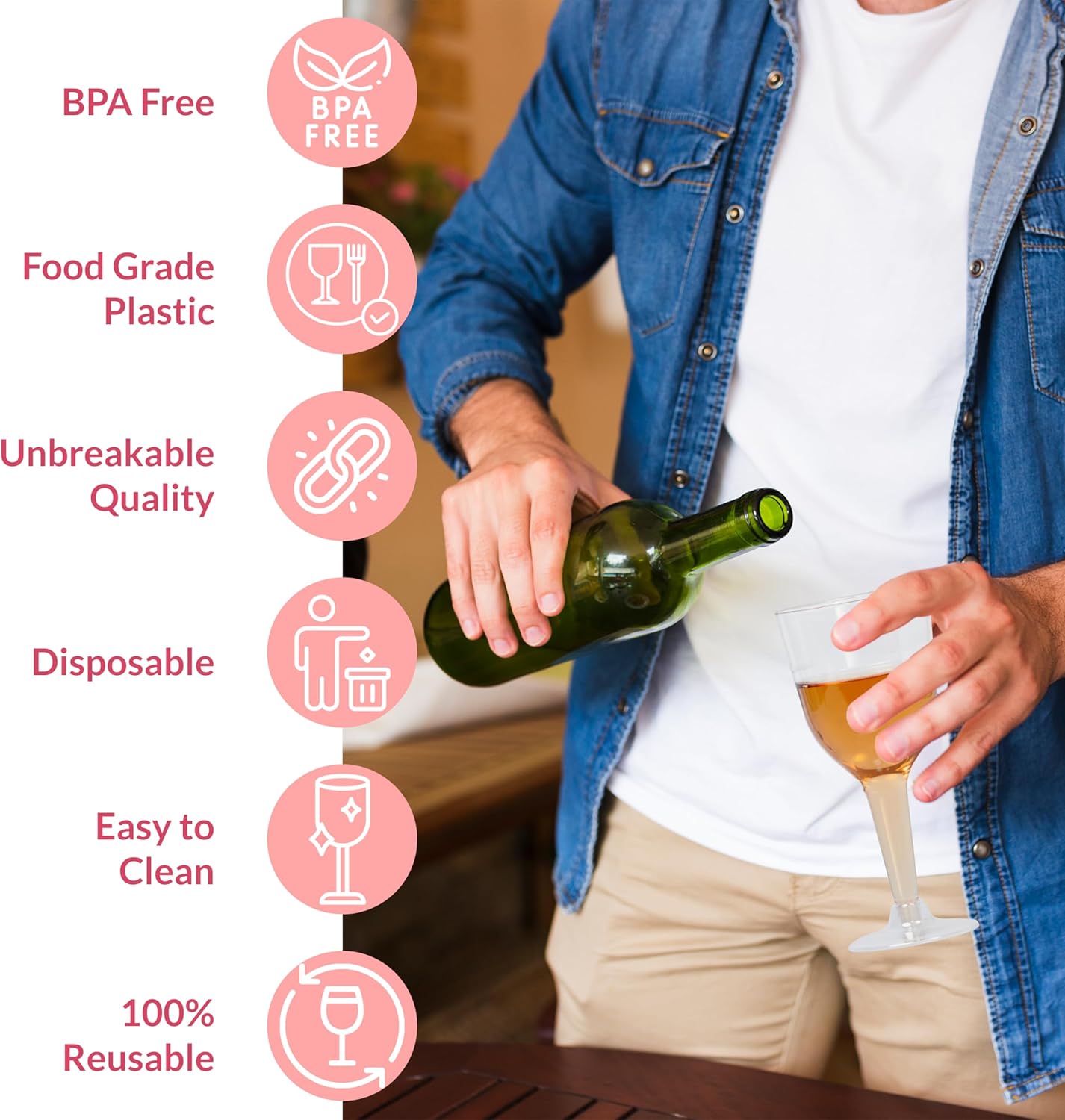 Prestee Stemmed Disposable Wine Glasses – 10 oz Clear Plastic Wine Glasses BPA-Free – Easy Assembly for Parties Weddings Picnics – Durable and Sturdy Wine Plastic Cups – 48 Pack