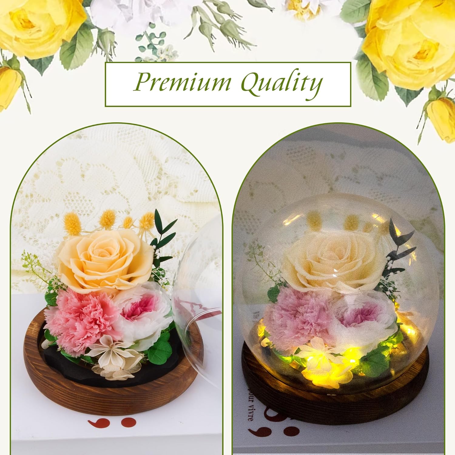 Yellow Rose Gifts for Womens for Mom Wife Girlfriend Mom – Preserved Real Rose in Glass Dome with LED Strip, Forever Flowers for Delivery on Birthday Anniversary