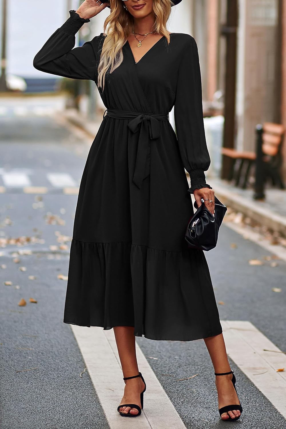 PRETTYGARDEN Womens Floral Boho Dress Fall Long Sleeve Wrap V Neck Ruffle Flowy Maxi Spring Wedding Guest Vacation Dresses