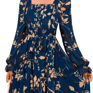 Simplee Womens Boho Long Sleeve Mini Dress Floral Square Neck Smocked A-Line Flowy Short Fall Wedding Guest Dresses