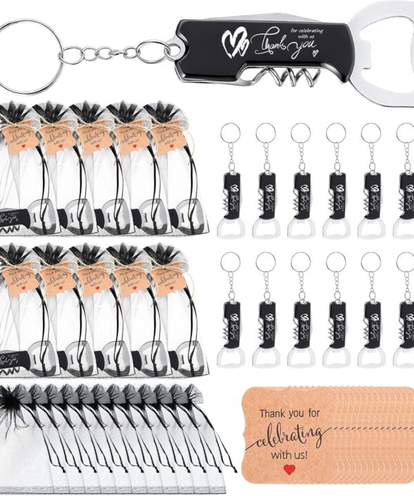 Vesici 24 Set Wedding Favors for Guests Bottle Openers Keychains Bulk Wine Beer Bottle Opener Keychain Thank You Cards with Organza Gift Bags for Bar Party Wedding Graduation Souvenirs(Black)