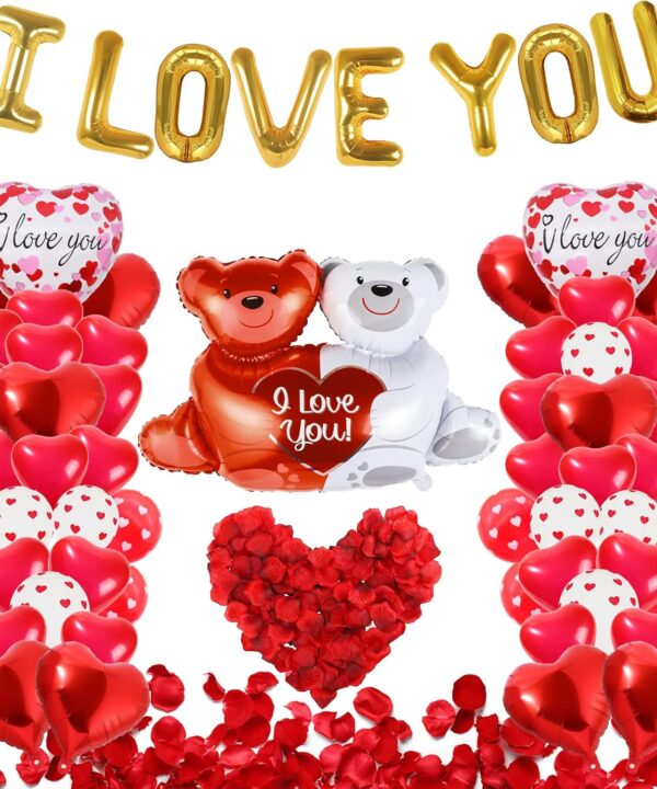 55 Pack Valentine's Day Balloons With 1000 Pcs Silk Rose Petals - I LOVE YOU, Heart, Love-Bear Balloons for Anniversary, Romantic Decorations Special Night for Bedroom