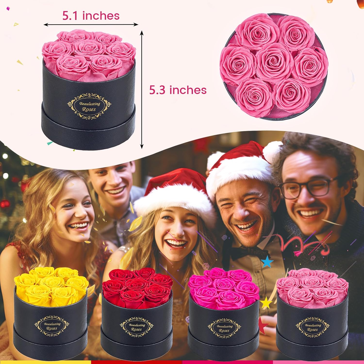 Beaulasting Long Lasting Preserved Roses in a Box Last a Year Forever Flowers for Her Mom Wife Anniversary Birthday (Round Black Box, Pink)