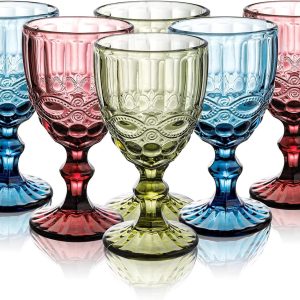 Youeon Set of 6 Colored Wine Goblets, 10 Oz Wine Glasses Set with Embossed Pattern, Colored Wine Glasses Vintage Glassware for Party, Wedding, Bar, Wine, Juice, Beverage, 3 Colors