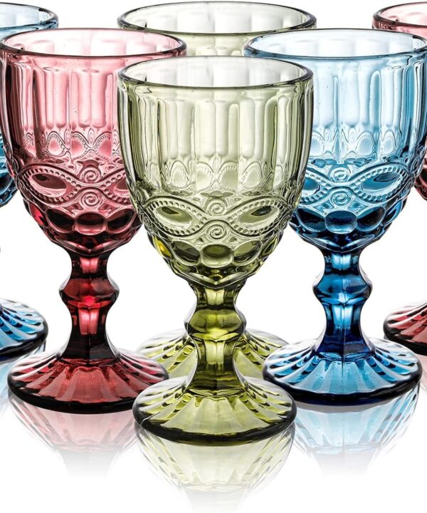 Youeon Set of 6 Colored Wine Goblets, 10 Oz Wine Glasses Set with Embossed Pattern, Colored Wine Glasses Vintage Glassware for Party, Wedding, Bar, Wine, Juice, Beverage, 3 Colors
