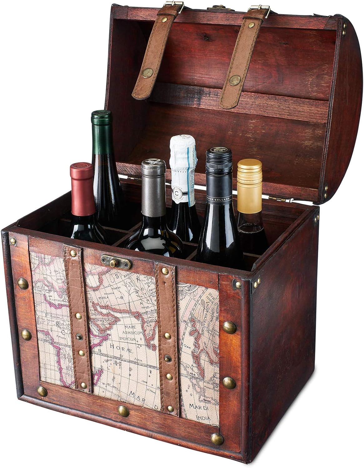 Twine Old World 6 Wooden Wine Bottle Gift Box – Wine Decorative Storage Box with Lid and Handle, Wine Accessory Sets, Wood, Faux Leather in Antique Map Design Liquor Gift Box