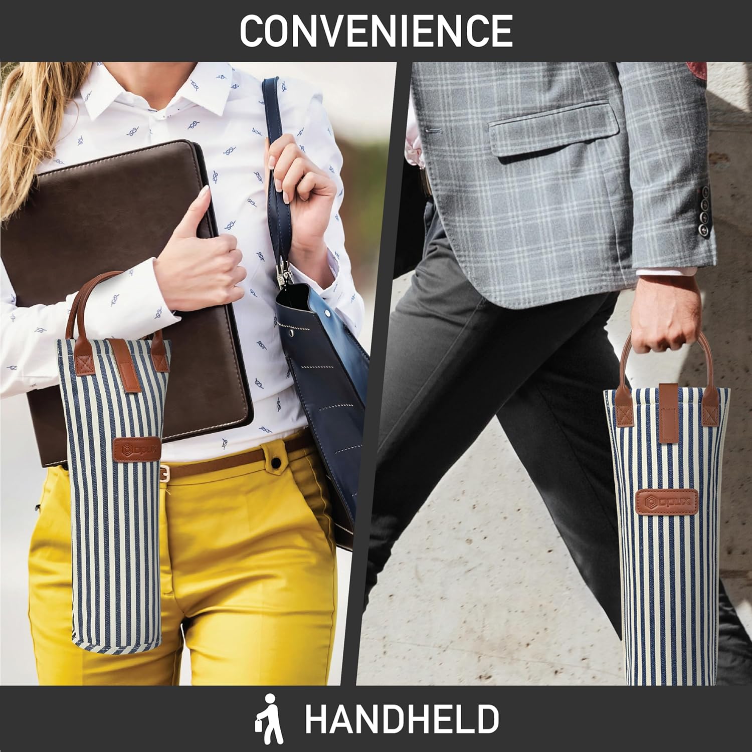 opux Wine Bag Single Bottle Carrier Tote, Insulated Travel Wine Cooler Bag for Picnic Beach Gift, Thermal Padded Portable One Bottle Holder Carrying Case for Women Men Wine Lovers, Navy White Stripes