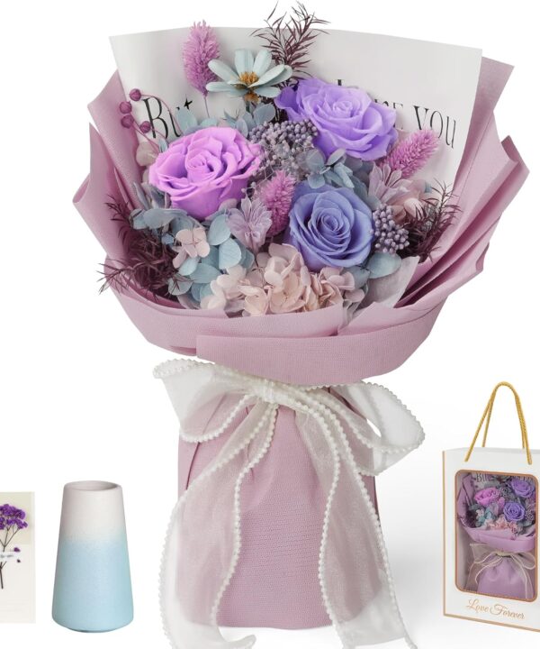 Childom Christmas Rose Gifts for Mom,Preserved Flowers for Delivery,Birthday Gifts for Women,Real Roses Bouquets,Purple Rose Flowers for Her,Mom,Wife,Grandma,Sister,Valentines,Mothers Day,Anniversary