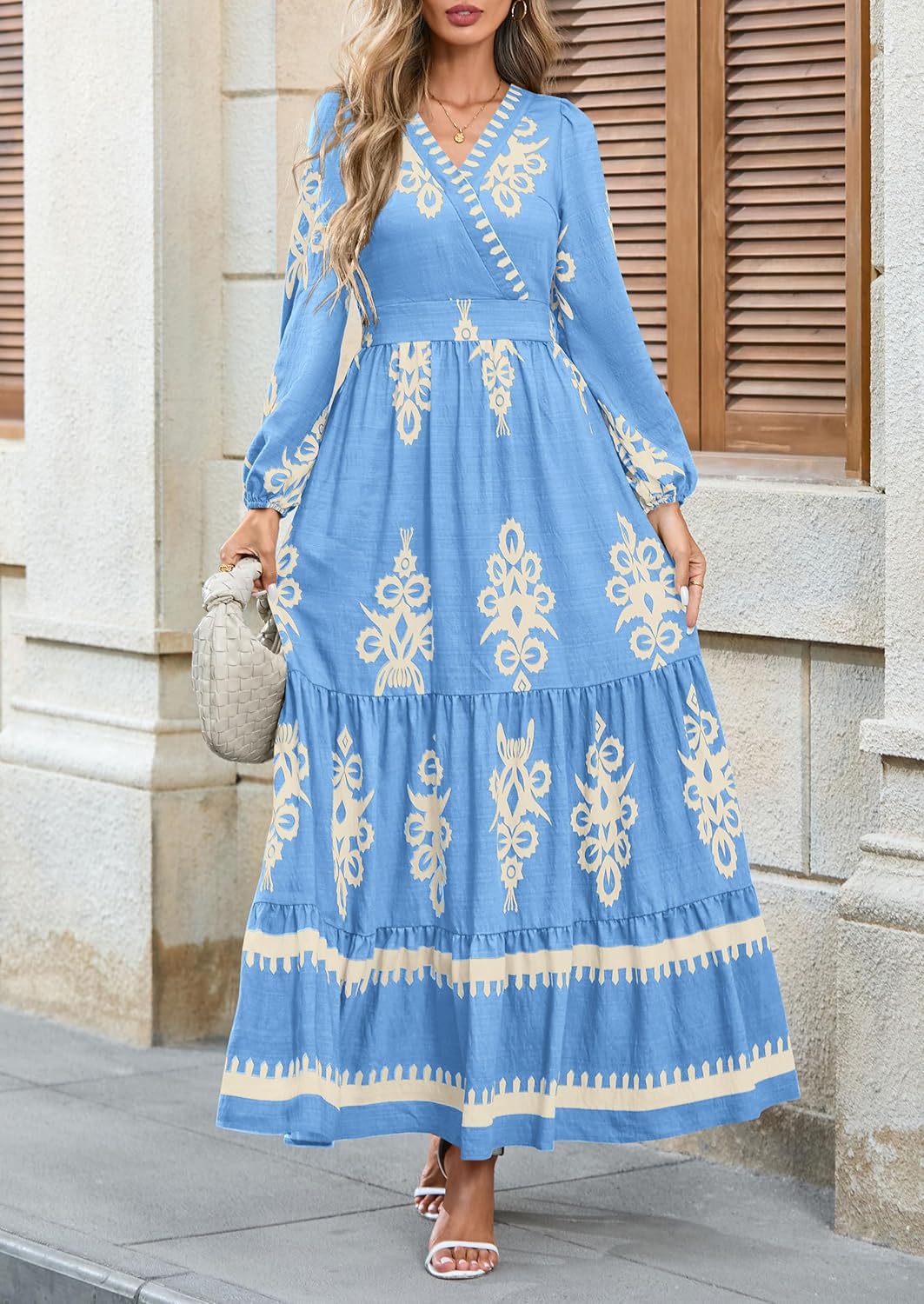 PRETTYGARDEN Womens 2025 Fall Wedding Guest Dresses Boho Floral Long Sleeve V Neck Flowy Elegant Maxi Dress Beach Clothes