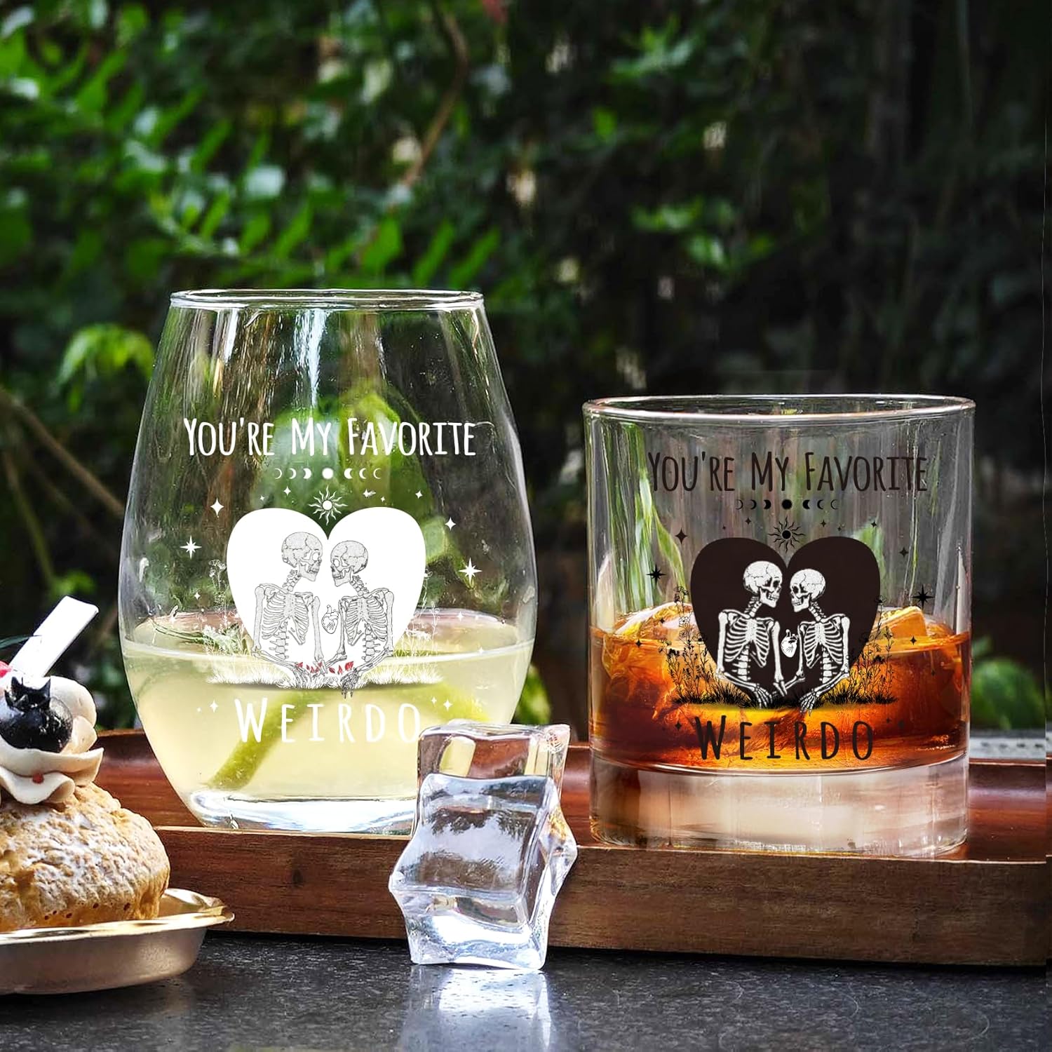 Skull Wine and Whisky Glasses for Couple – ‘You’re My Favorite Weirdo’ His & Hers Gothic Set, Funny Wedding Engagement Gift for Newlyweds Bride Groom Bridal Shower -306