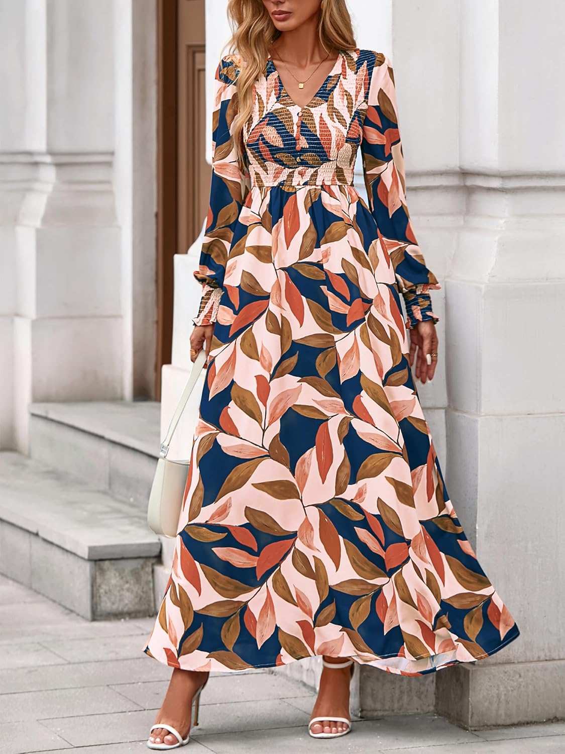 BTFBM Women Fall Wedding Guest Maxi Dresses 2025 Floral V Neck Long Sleeve Boho Long Dress Vacation