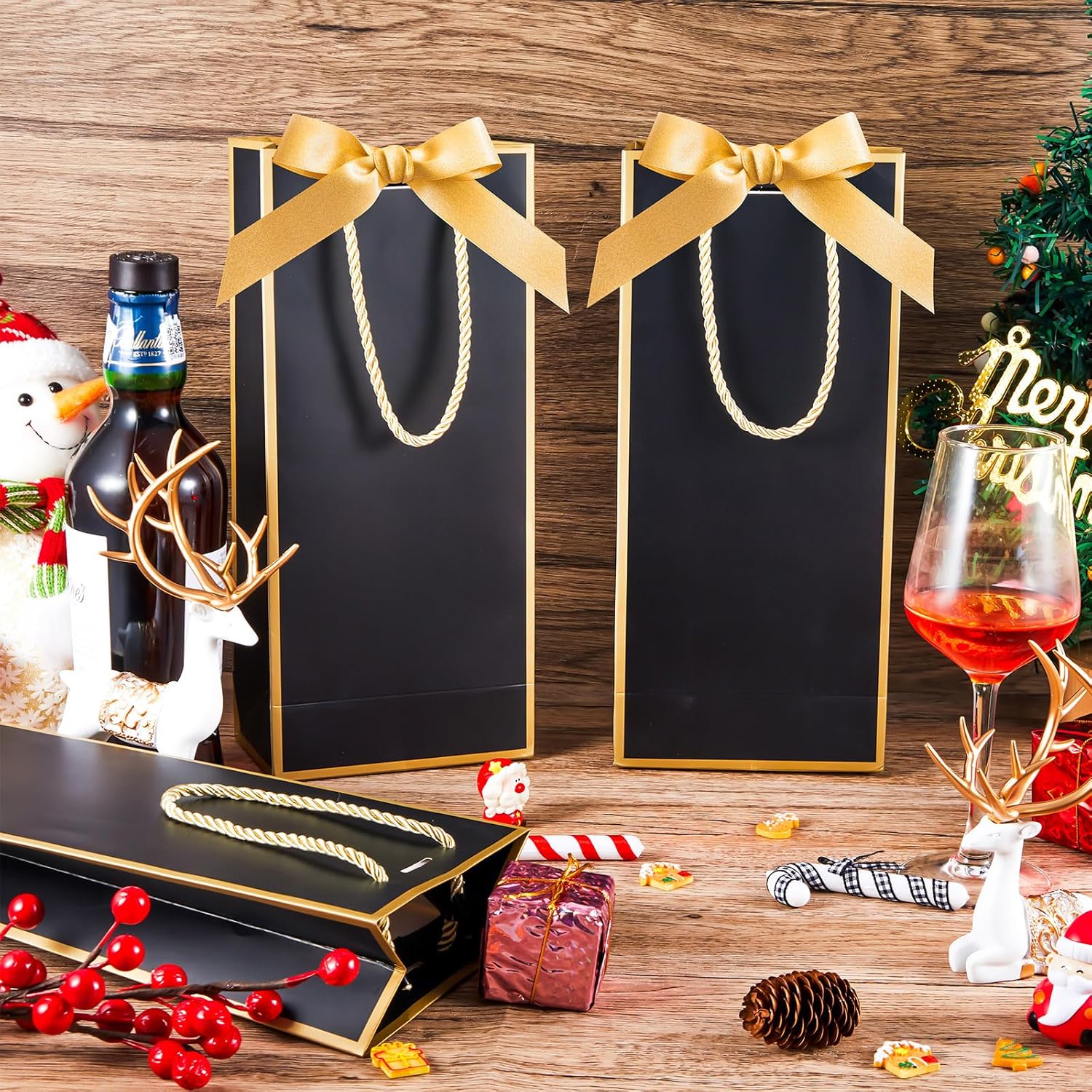 Engrowtic 24 Pcs Wine Gift Bag with Ribbon Bow Reusable Liquor Bag with Foil Print Elegant Thank You Gift for Christmas Valentine Wedding Shower Birthday Holiday (Black Gold)