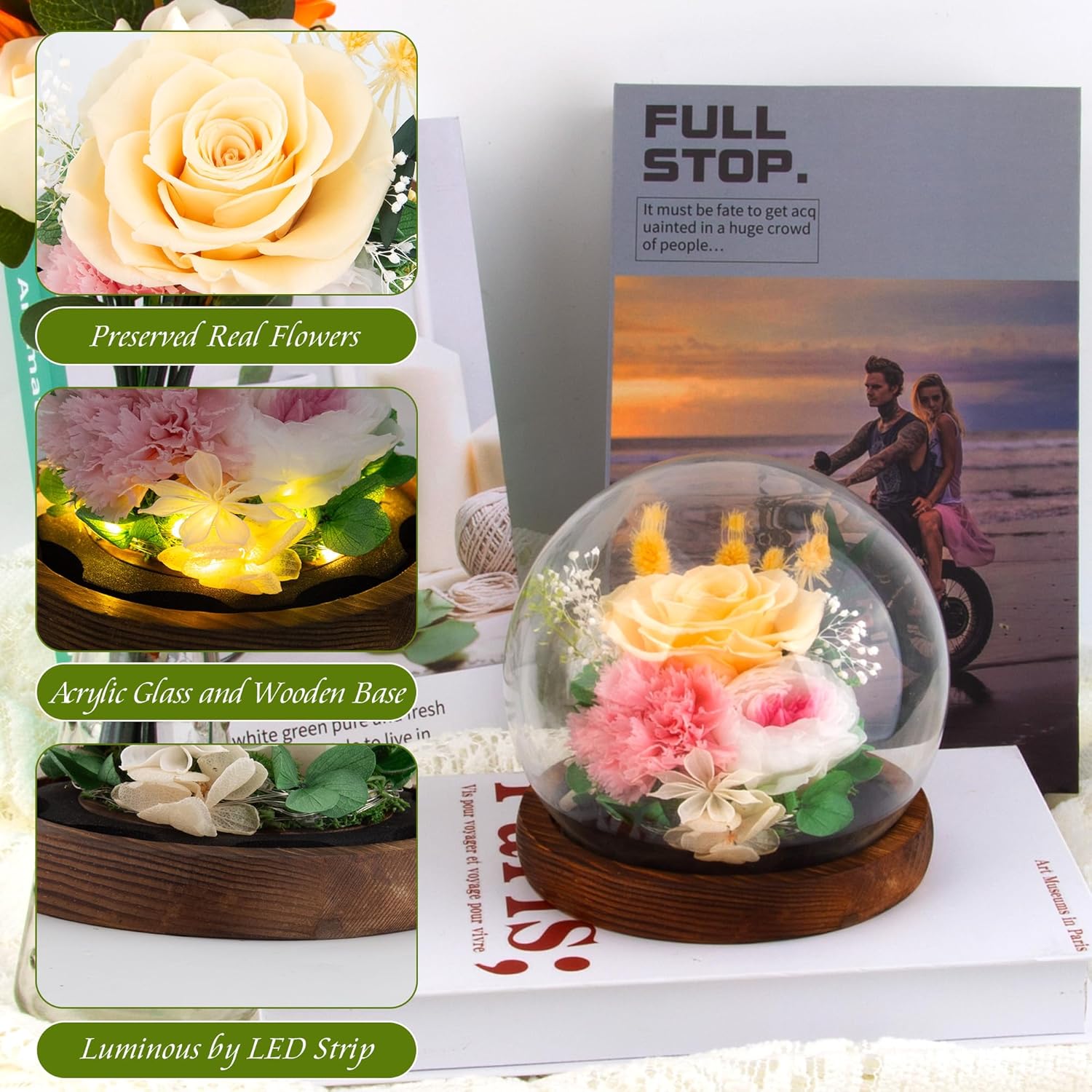 Yellow Rose Gifts for Womens for Mom Wife Girlfriend Mom – Preserved Real Rose in Glass Dome with LED Strip, Forever Flowers for Delivery on Birthday Anniversary