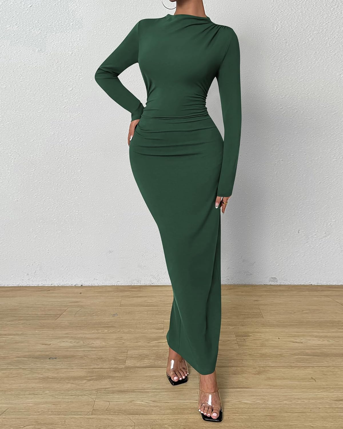 BTFBM Women Bodycon Maxi Dress Long Sleeve Back Slit Ruched Elegant Party Cocktail Formal Fall Wedding Guest Dresses