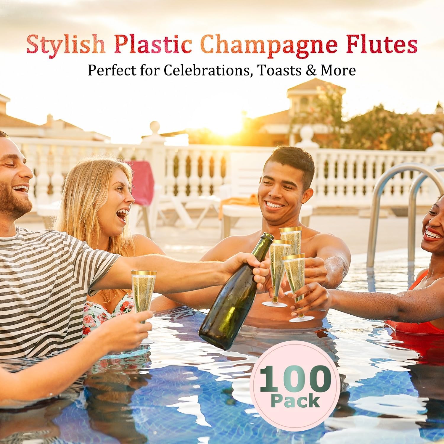 100 Pack Plastic Champagne Flutes Gold Rim Disposable Champagne Glasses, 4.5 Oz Mimosa Glasses Bulk Cocktail Toasting Cups for Party Supplies Wedding Bride Bar, Copas De Plastico Para Brindis