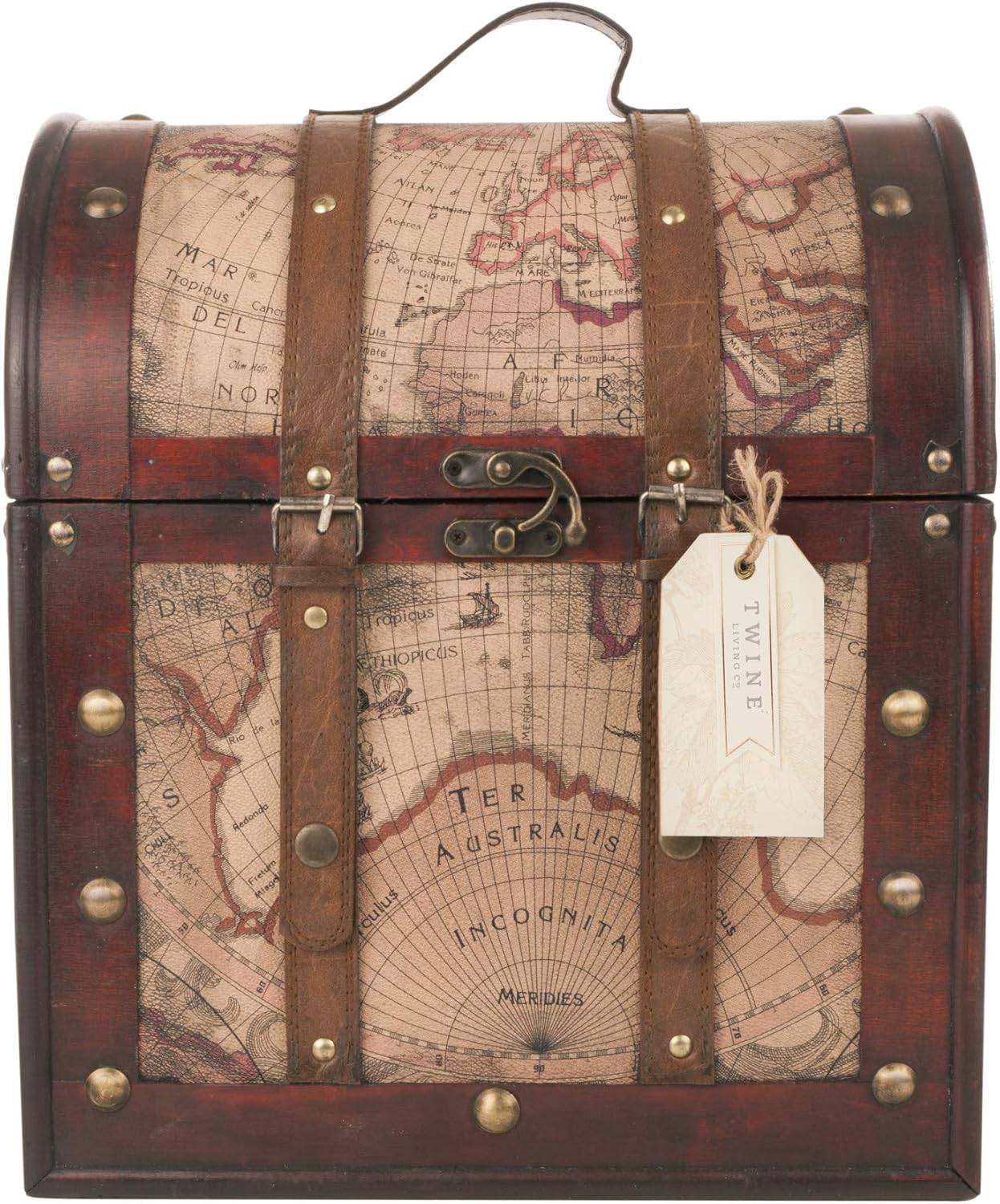 Twine Old World 6 Wooden Wine Bottle Gift Box – Wine Decorative Storage Box with Lid and Handle, Wine Accessory Sets, Wood, Faux Leather in Antique Map Design Liquor Gift Box