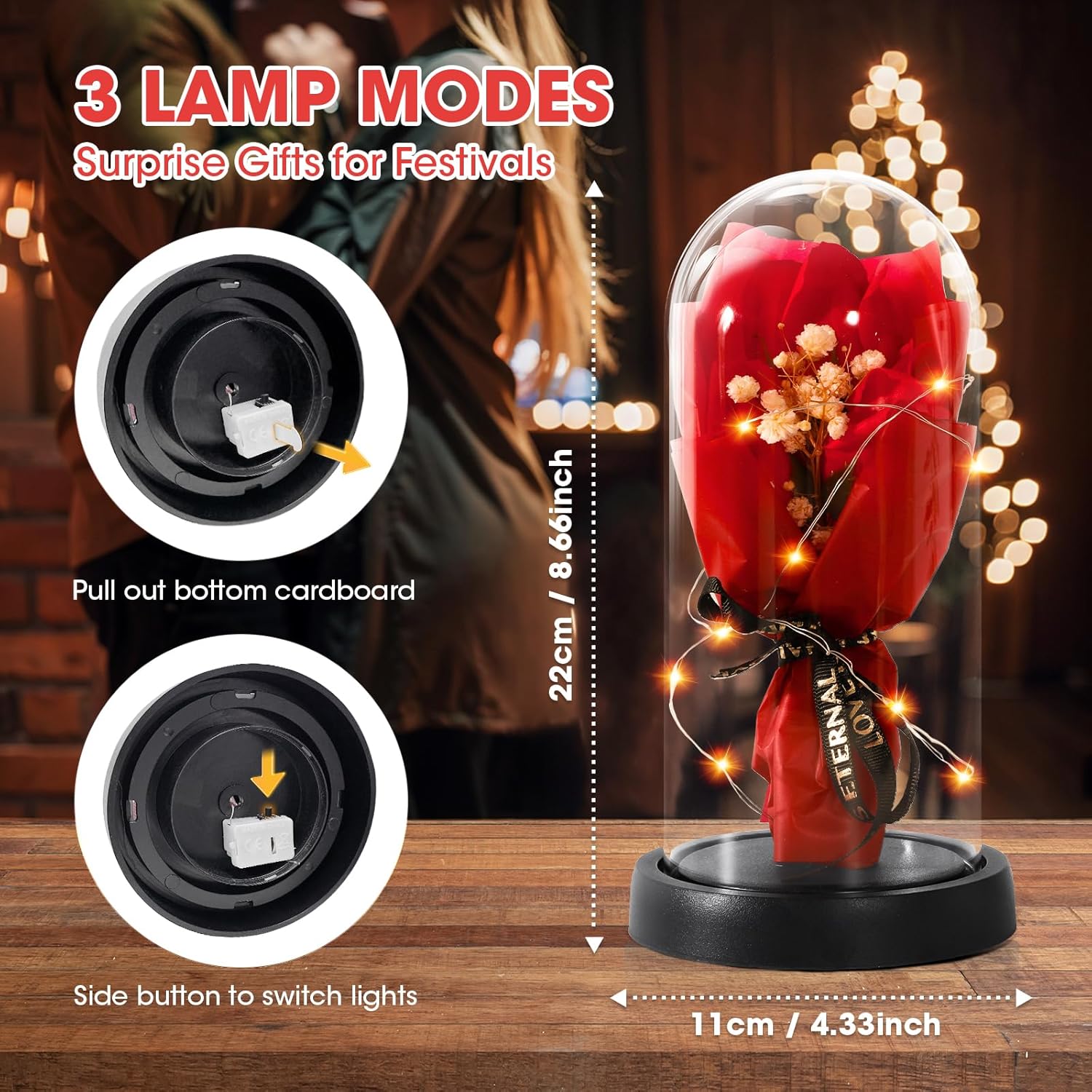 Preserved Flowers Bouquet for Her, Forever Fresh Flowers for Delivery Prime, 3 Red Roses in Glass Dome Valentines Mothers Day Gifts for Mom Wife Sister