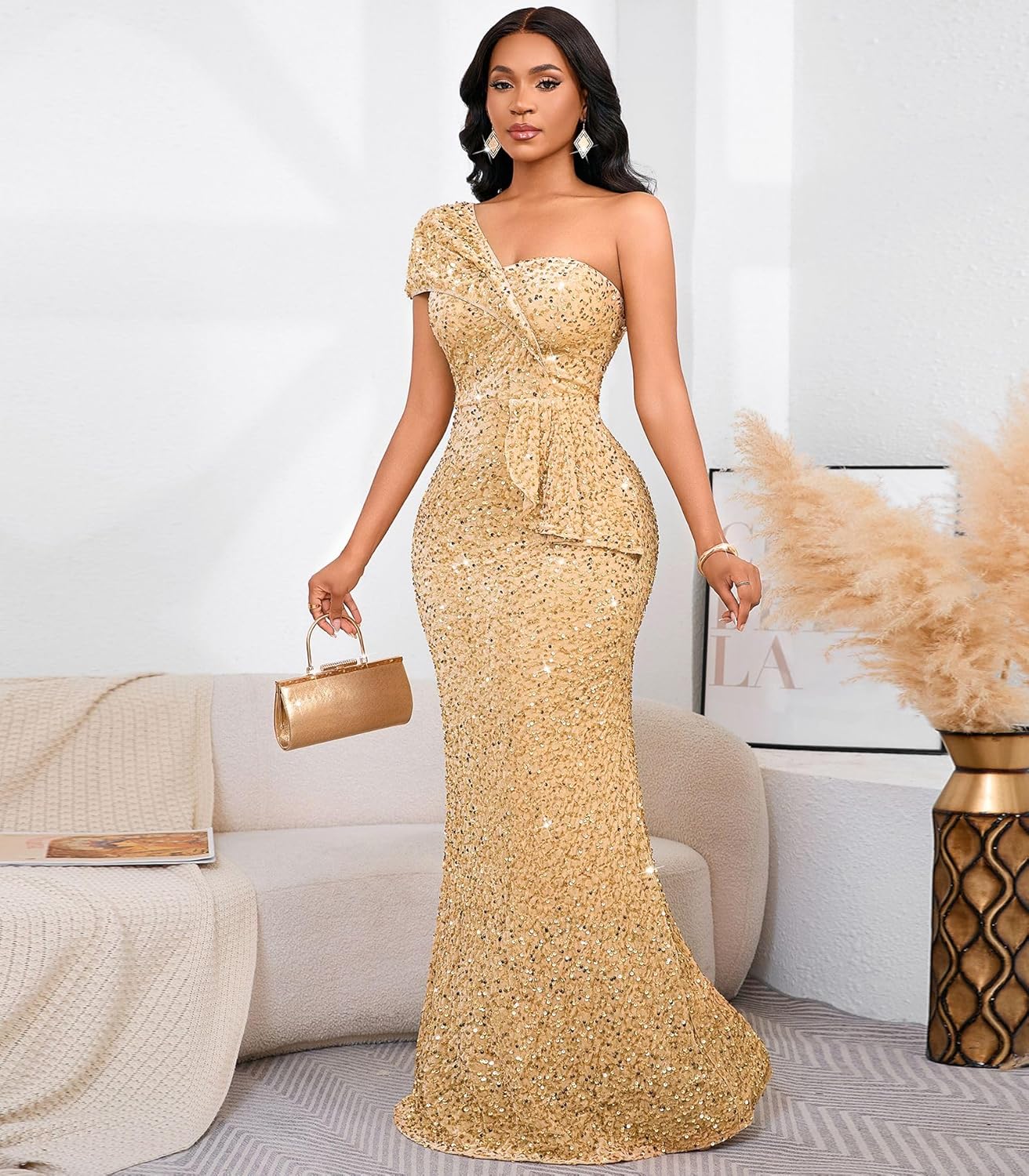 Cololura Women Sexy Sequin One Shoulder Mermaid Formal Party Cocktail Gowns Bodycon Evening Maxi Dress