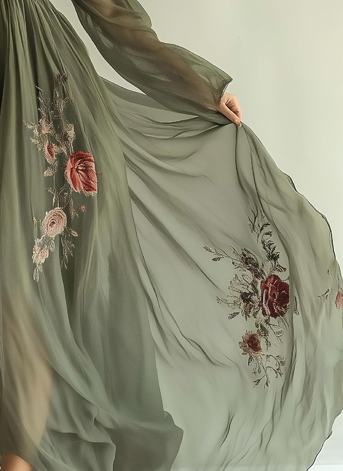 Womens Green Tulle Floral Beach Cover Up Sundresses with Belt Long Sleeves V Neck Summer Ruffle Tiered Dresses