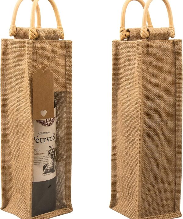 DIWNELEM 2 Pack Burlap Wine Gift Bags with Window, Jute Bottle Bags for Wedding, Parties, Birthdays, Christmas, Holiday Storage & Wine Tasting