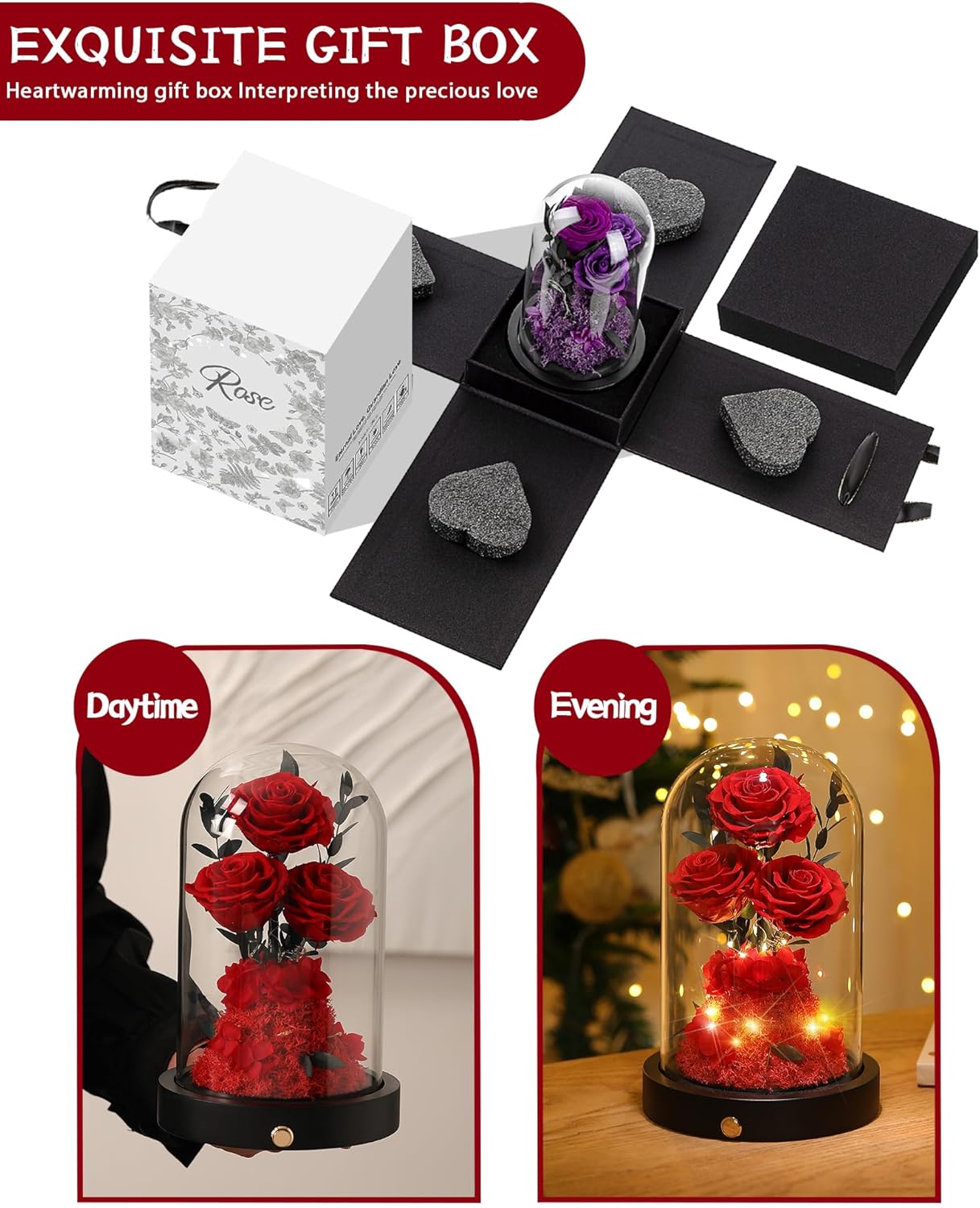 Christmas Flowers Roses Gifts for Mom,Forever Real Preserved Roses in Glass Dome,Christmas for Wife Girlfriend Women Best Friend Grandma/Red Rose