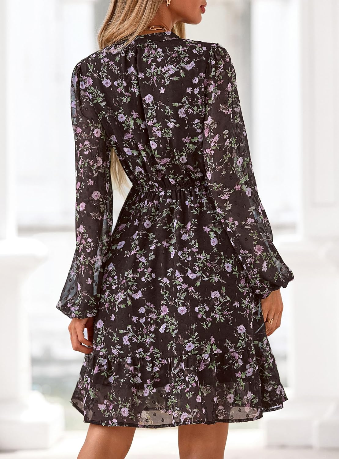 PRETTYGARDEN Womens Fall Boho Dresses 2025 Floral Long Sleeve V Neck Mini Flowy Wedding Guest Dress Trendy Vacation Outfits