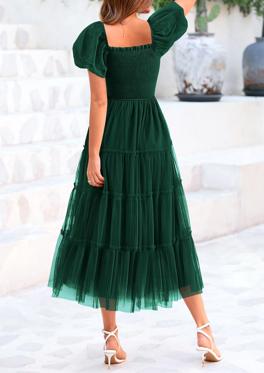 PRETTYGARDEN Women’s Smocked Midi Tulle Dress 2025 Summer Puffy Short Sleeve Square Neck Ruffle Wedding Guest Party Dresses