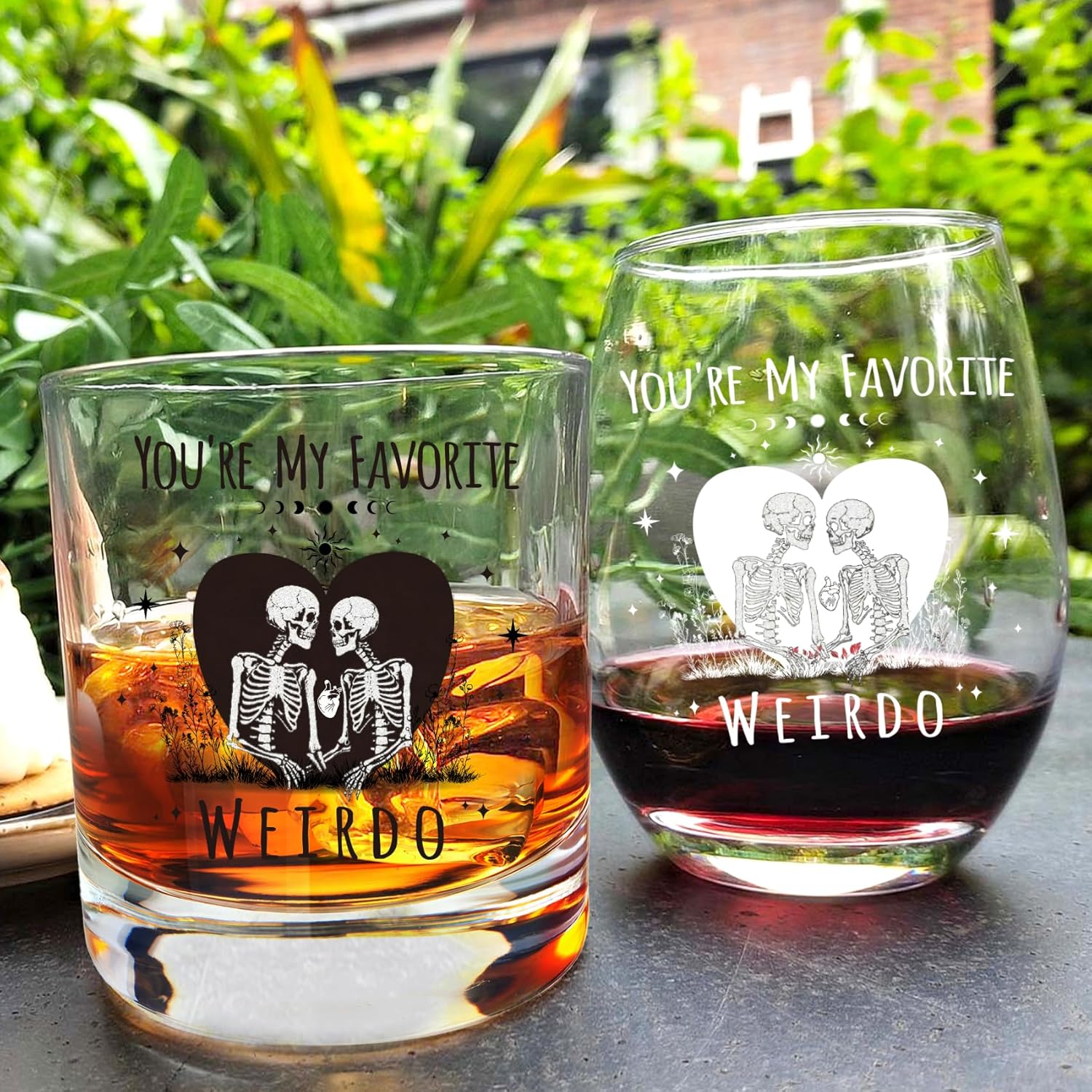 Skull Wine and Whisky Glasses for Couple – ‘You’re My Favorite Weirdo’ His & Hers Gothic Set, Funny Wedding Engagement Gift for Newlyweds Bride Groom Bridal Shower -306