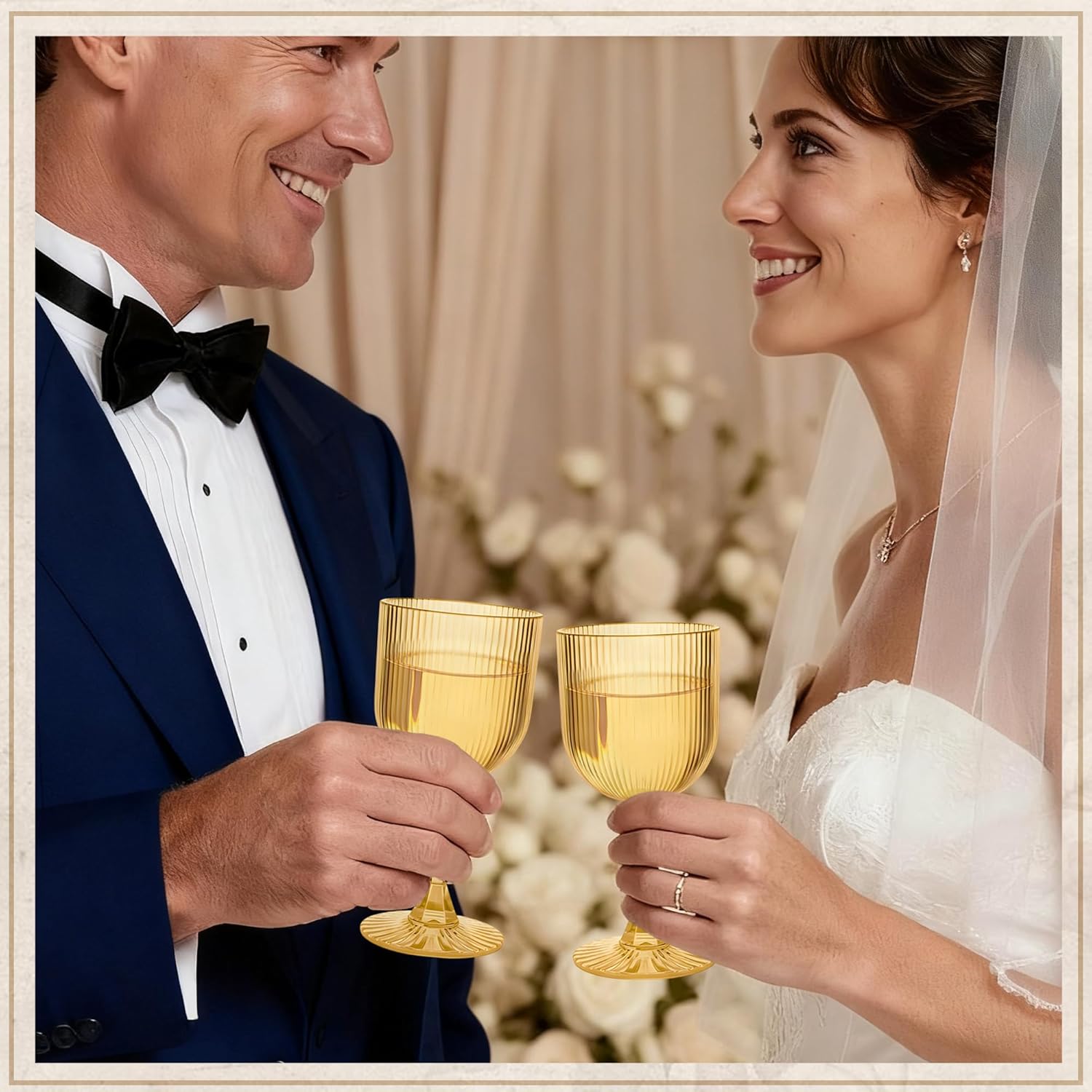 Gold Plastic Wine Glasses 9oz Set of 12, Ribbed Vintage Goblets Unbreakable Reusable BPA-Free Stemmed Drinking Glasses for Parties, Weddings & Events