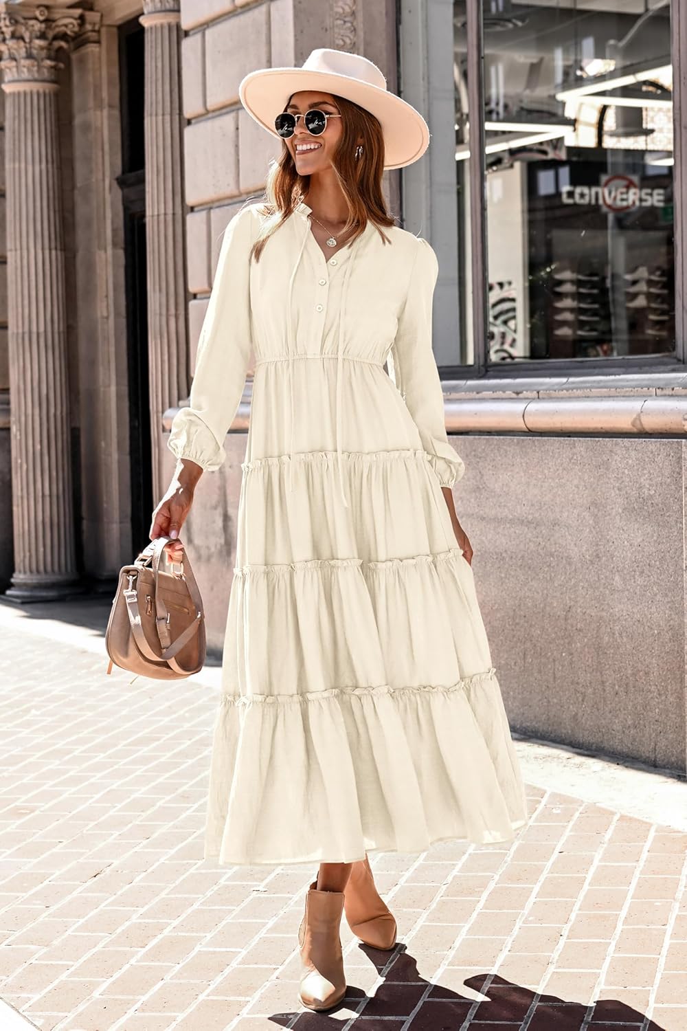 MASCOMODA Fall Long Sleeve Maxi Dresses for Women 2025 Casual Boho Button Ruffle Neck Tiered A Line Flowy Wedding Guest Dress