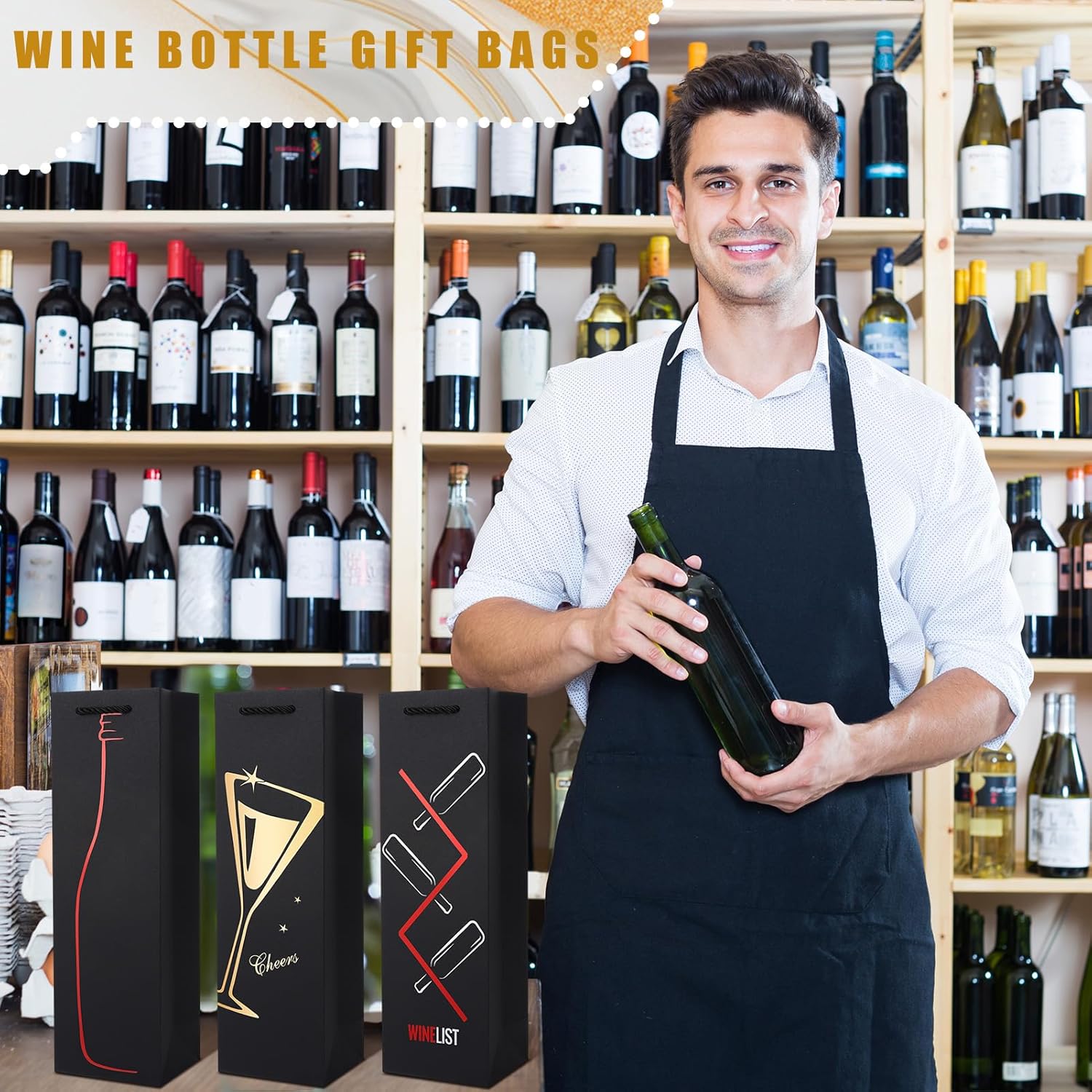 Ovveroche 20 Pack Wine Gift Bags with Handles, Reusable Wine Bottle Gift Bags for Liquor Champagne, Metallic Foil Designs for Christmas Thanksgiving Halloween Holiday Birthday Party