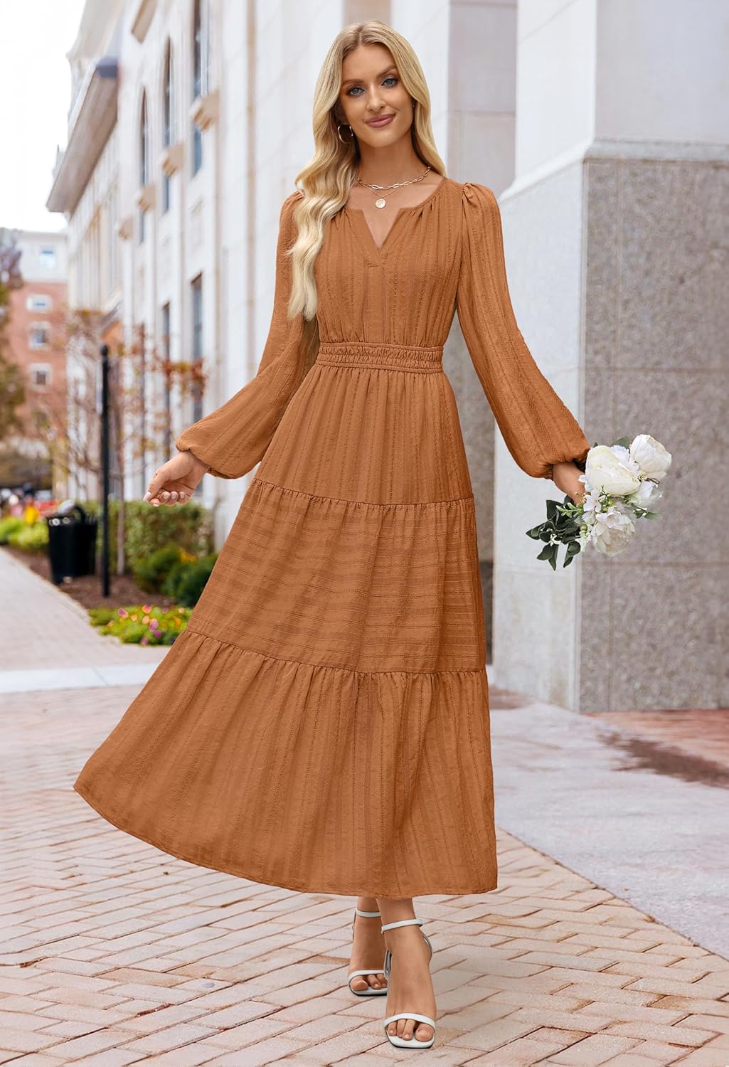 MEROKEETY Fall Dresses for Women 2025 Winter Long Sleeve Casual V Neck Tiered Cotton Midi Maxi Dress Pockets