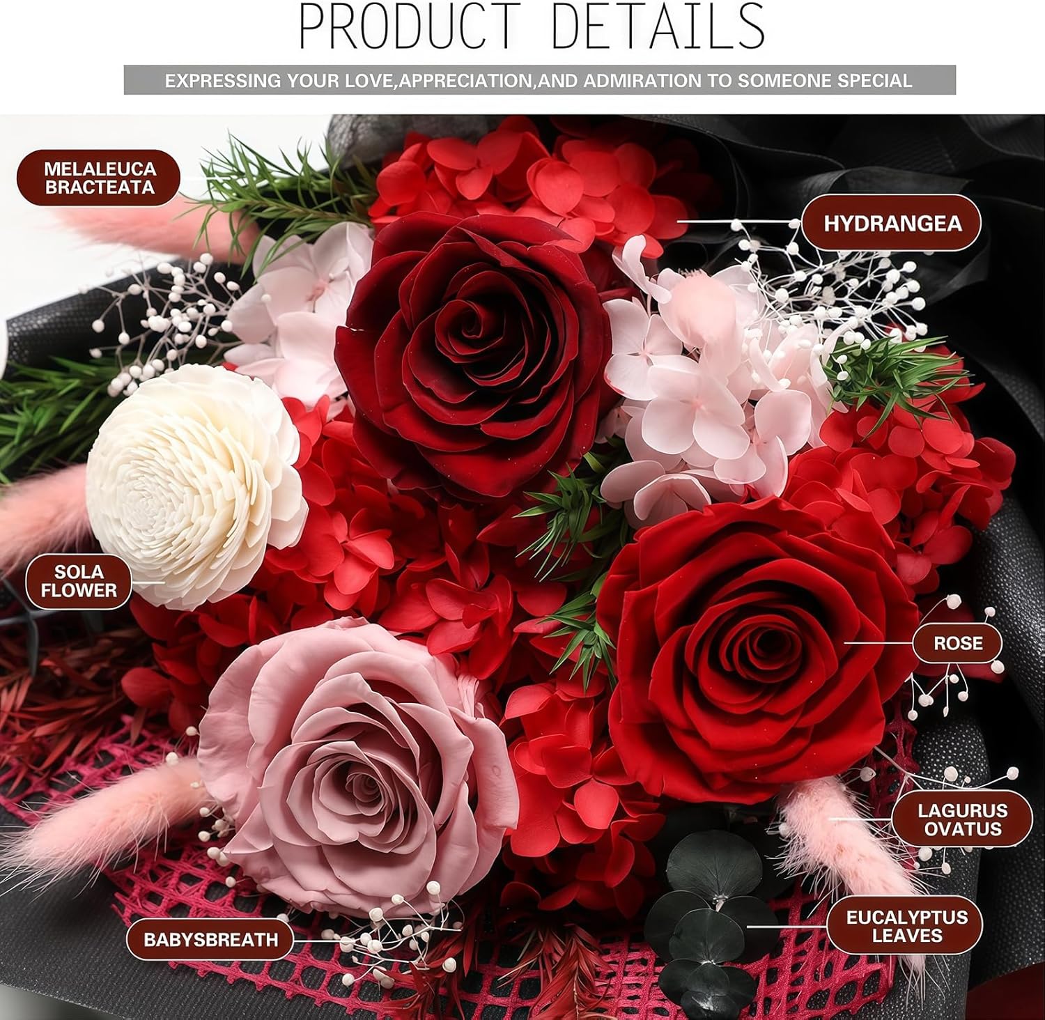 Preserved Flowers for Delivery, Red Flower Bouquets with Necklace, Forever Real Roses Anniversary Birthday Gifts for Women Mom Wife Girlfriend, Fresh Flowers for Valentines Day Christmas