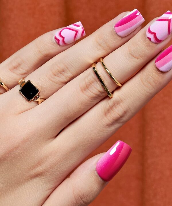 GLAMERMAID Hot Pink Ombre Press on Nails Medium Square, Color Gel False Nals, Valentine Colorful Glue on Nails Kit for Women, Pop Comic Sweet Reusable Stick on Acrylic Fake Nails Manicure Set