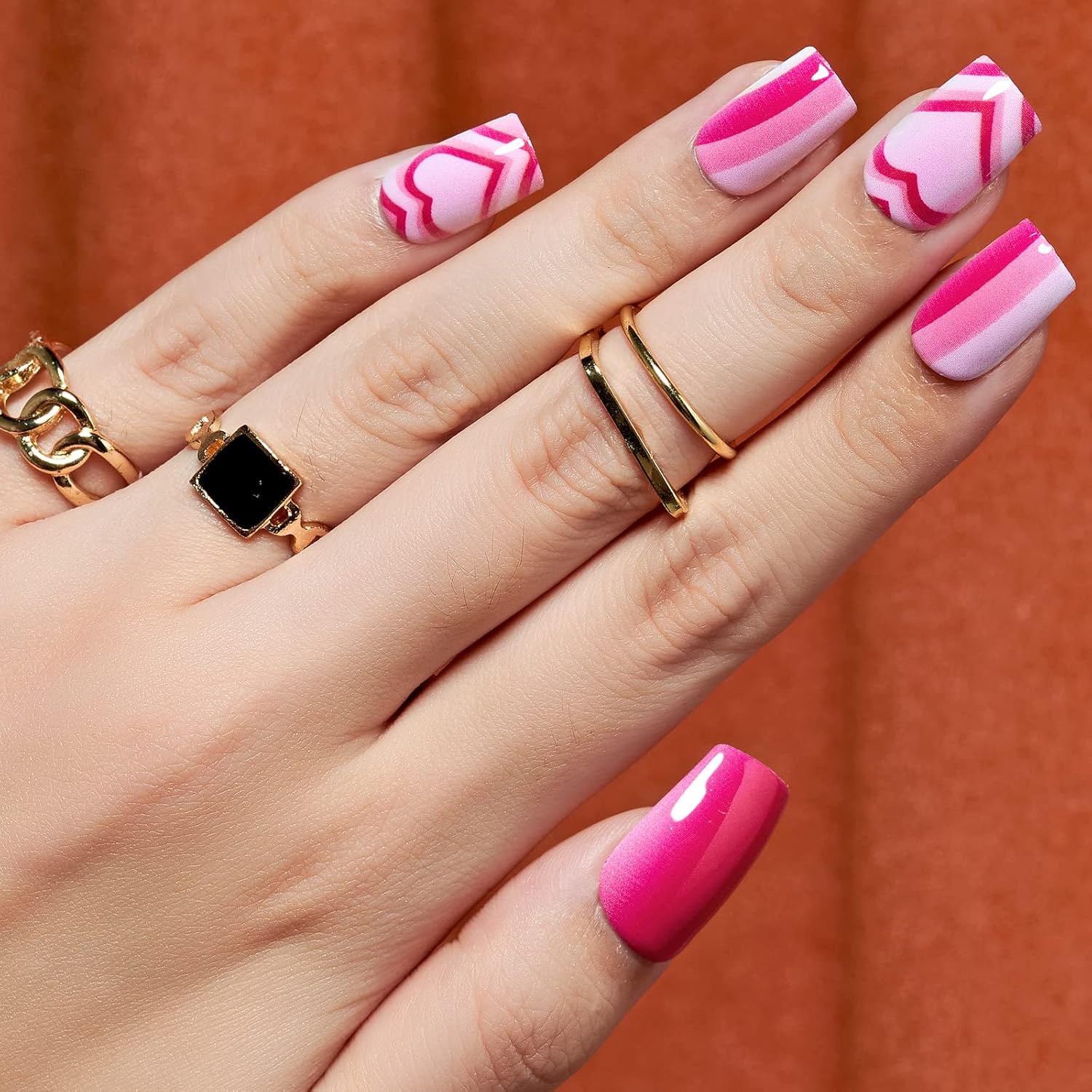 GLAMERMAID Hot Pink Ombre Press on Nails Medium Square, Color Gel False Nals, Valentine Colorful Glue on Nails Kit for Women, Pop Comic Sweet Reusable Stick on Acrylic Fake Nails Manicure Set