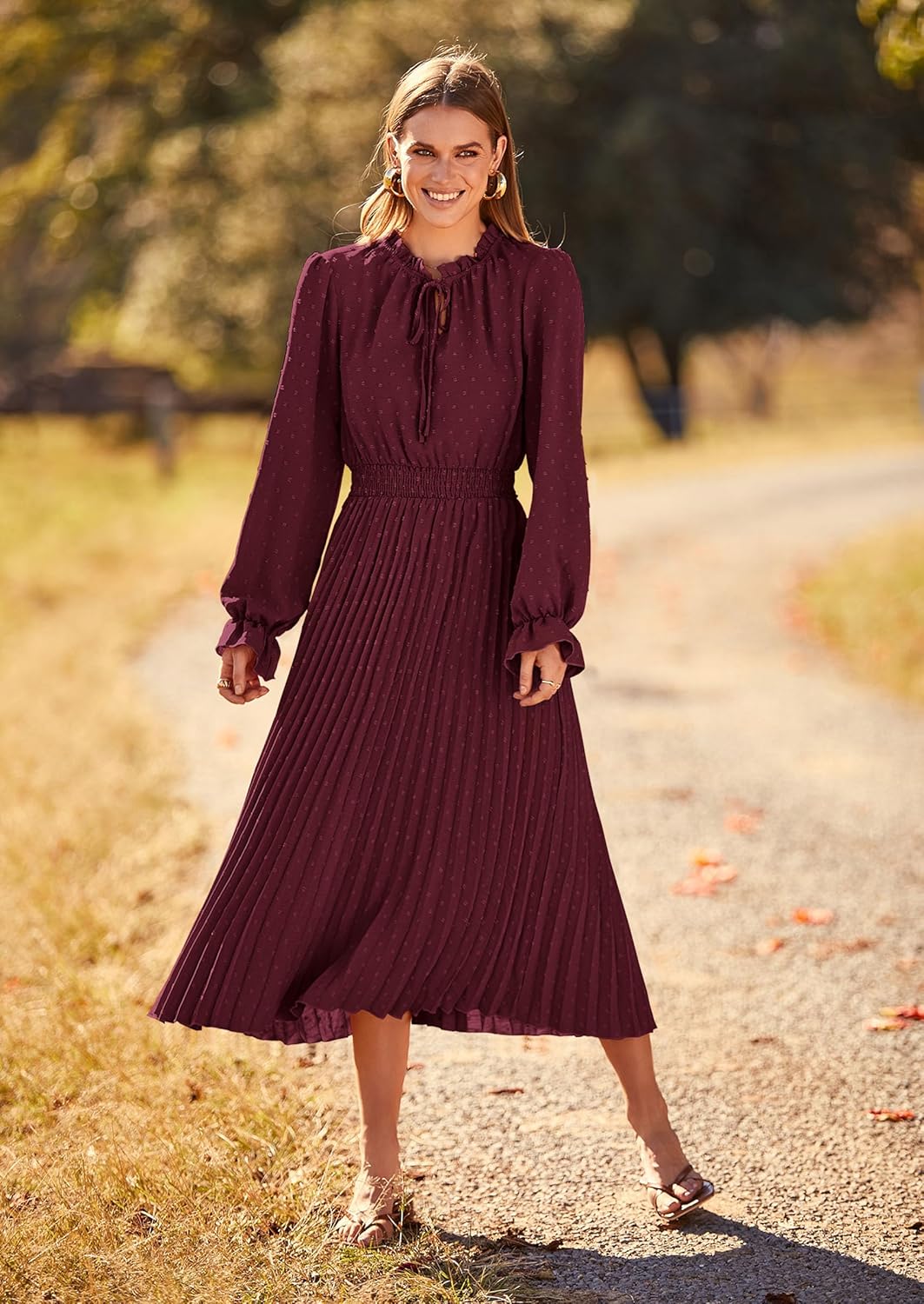 PRETTYGARDEN Womens 2025 Spring Fall Midi Dress Casual Long Sleeve V Neck Swiss Dot Pleated A Line Flowy Dresses