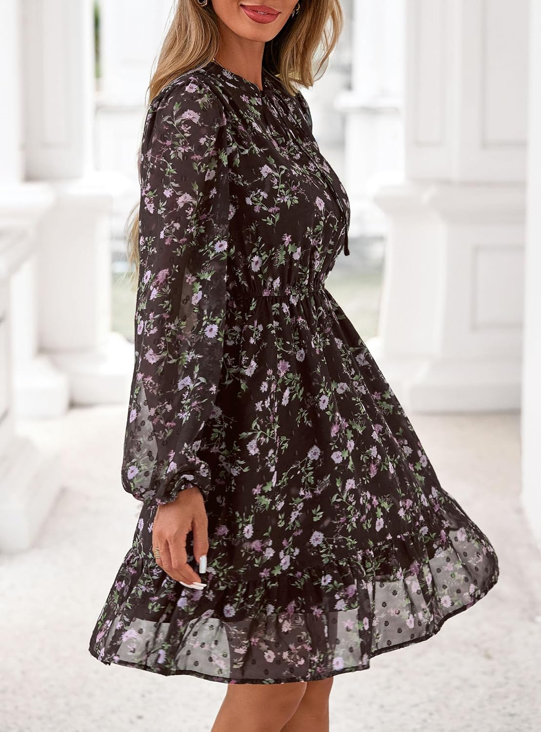 PRETTYGARDEN Womens Fall Boho Dresses 2025 Floral Long Sleeve V Neck Mini Flowy Wedding Guest Dress Trendy Vacation Outfits