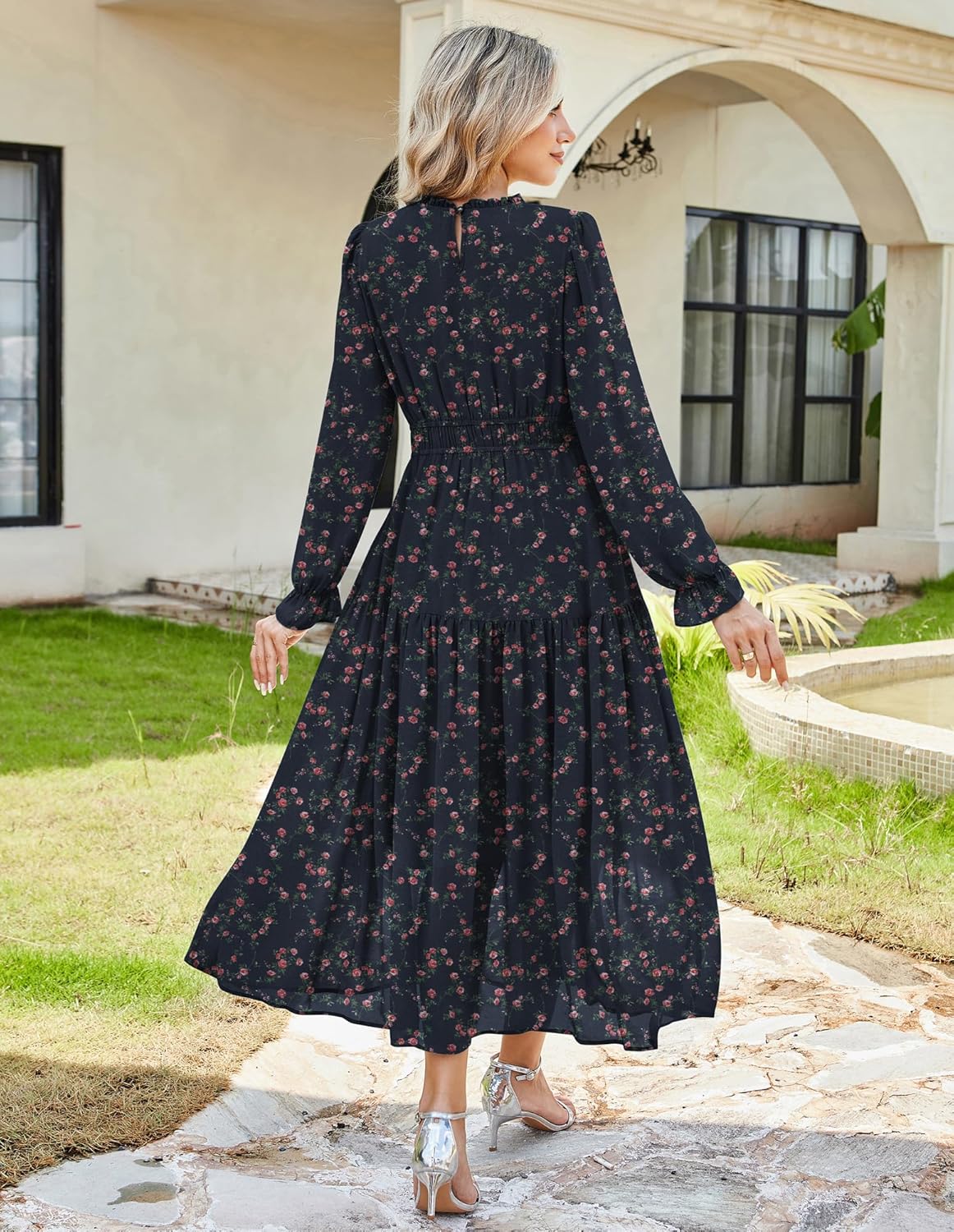 GRACE KARIN Womens Long Sleeve Maxi Dress Fall 2025 Chiffon Flowy Wedding Guest Dresses Floral Tiered Dress with Pockets