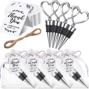30 Pcs Heart Shape Wine Stoppers Love Wine Bottle Stopper Silver Champagne Beer Bottle Stopper 50 White Kraft Labels 30 Sheer Bags with String for Wedding Gift Valentine Decorations