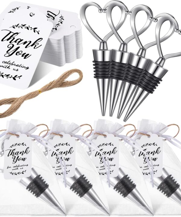 30 Pcs Heart Shape Wine Stoppers Love Wine Bottle Stopper Silver Champagne Beer Bottle Stopper 50 White Kraft Labels 30 Sheer Bags with String for Wedding Gift Valentine Decorations