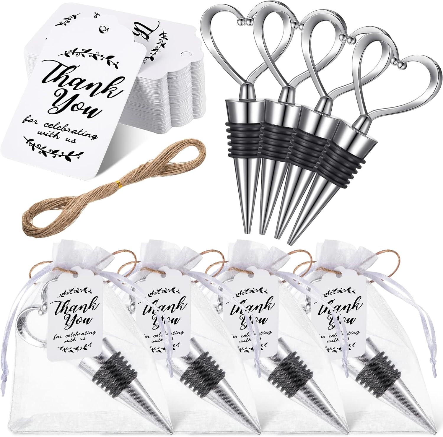 30 Pcs Heart Shape Wine Stoppers Love Wine Bottle Stopper Silver Champagne Beer Bottle Stopper 50 White Kraft Labels 30 Sheer Bags with String for Wedding Gift Valentine Decorations
